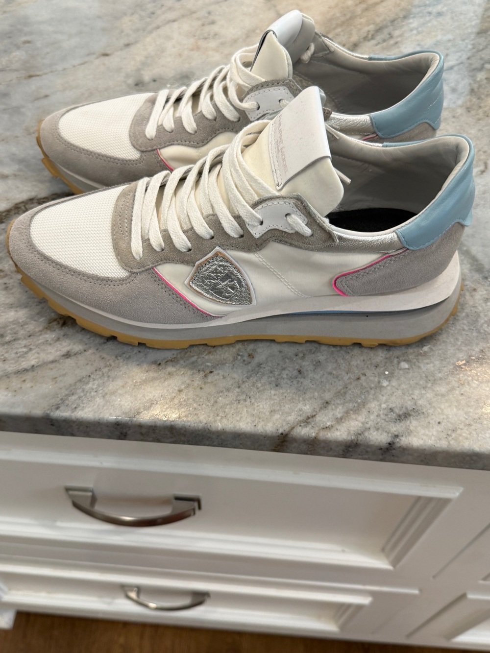 Philippe Model Low-Top Sneakers in White, Gray & Light Blue